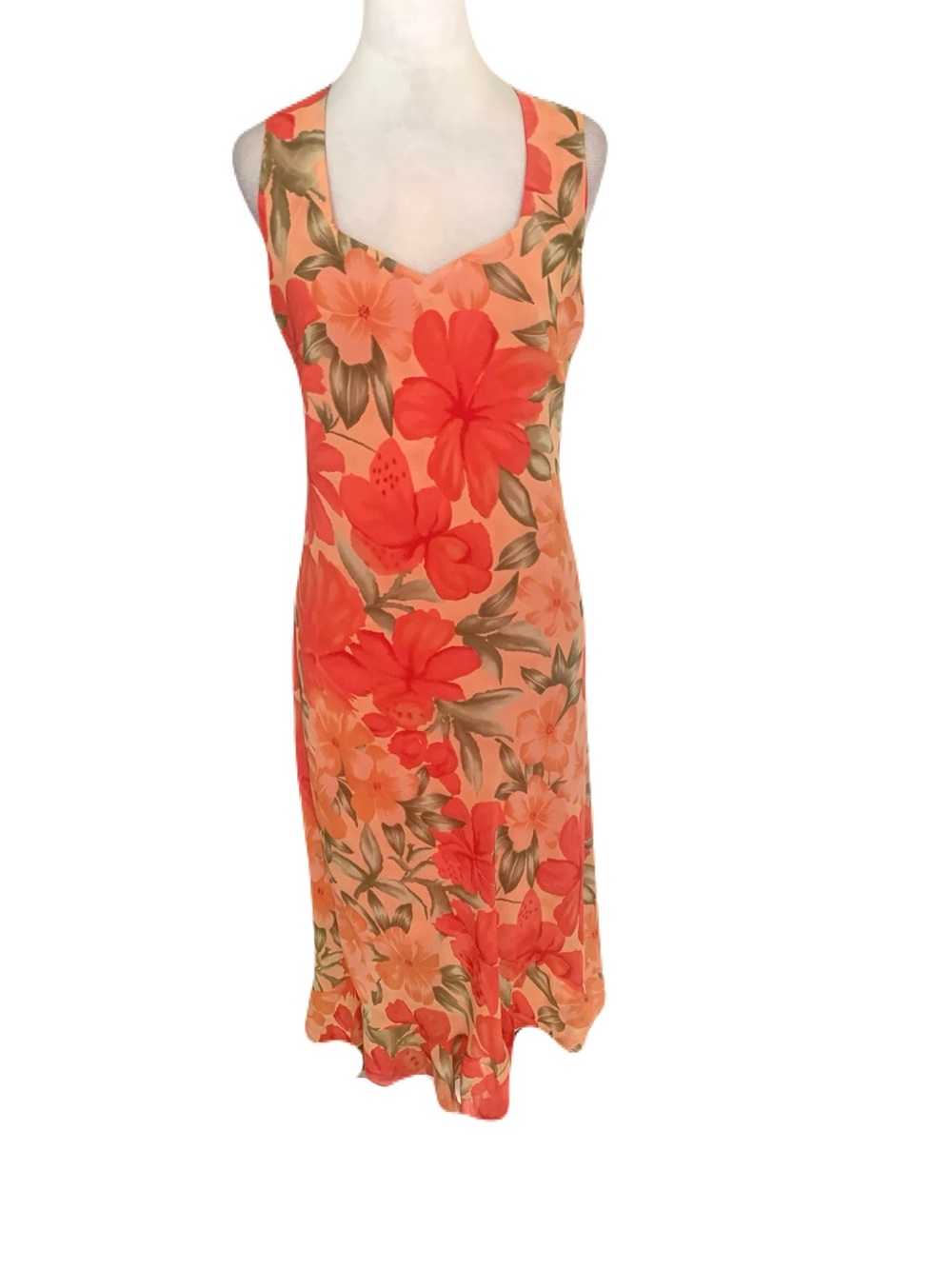 Dress Barn Women’s 12 Coral Orange Floral Sleeveless V Neck Summer Midi Dress